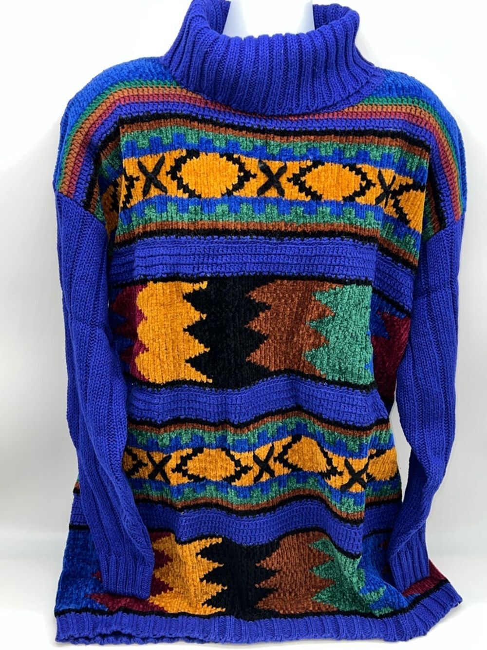 N8tive Nits 1980s Era Bold Royal Blue Multicolor Turtleneck Sweater-Size XL